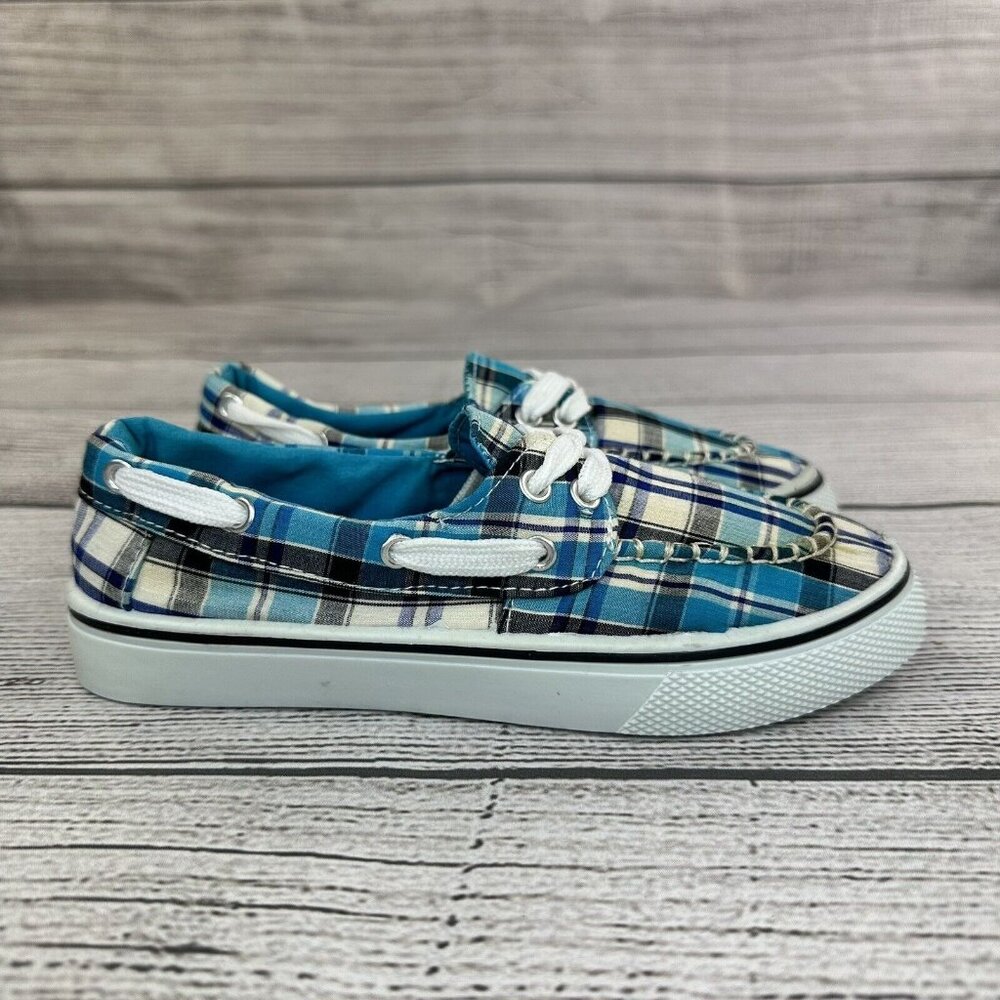 Dawgs Plaid Comfort Boat Shoes Women Size 5 Deck Sneakers Turquoise Black White